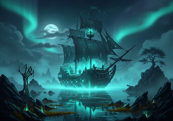 Ghost ship sailing under aurora and full moon