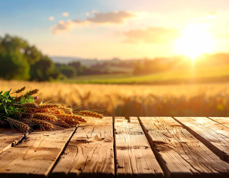 Wheat field harvest at sunset on wooden table farm agriculture scenery