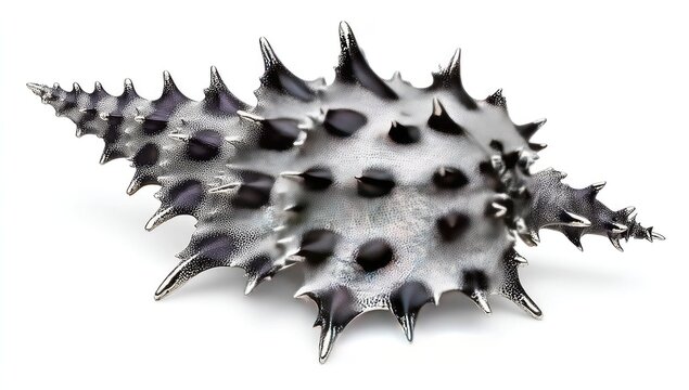 Spiky seashell, black and white, intricate design, isolated on white background