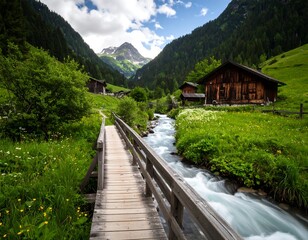 Alpine valley with wooden bridge and mountain backdrop