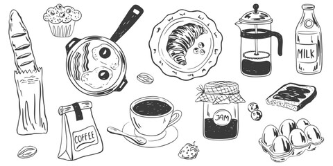 Hand drawn breakfast doodles set. Vector chalk illustration of food and coffee icons in crayon drawing style for invitations, menus, parties. Minimalist line art. La dolce vita italian style.
