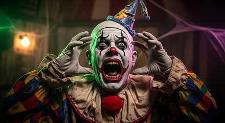 Terrifying clown with open mouth and hands on head