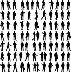 silhouette, figures, poses, human, black, white, walking, standing, gesturing, business, people, isolated, vecto.