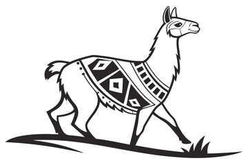 Fototapeta premium Black and white illustration of a llama with a patterned blanket on white