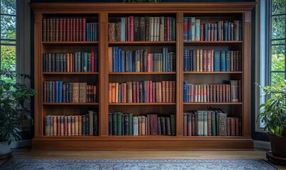 Image of a traditional oak wood bookcase filled with hardcover books, providing an elegant and intellectual backdrop suitable for virtual meetings or video conferencing, Generative AI