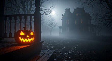 Glowing jack-o'-lantern on porch of haunted house in fog