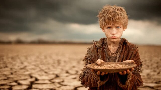 Hardship: A young boy with a worn expression holds out a plate, symbolizing the harsh realities of poverty and famine against a backdrop of a cracked earth.