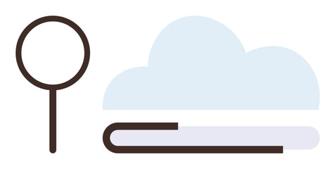Magnifying glass beside cloud and book, suggesting research, knowledge discovery, and data access. Ideal for education, cloud storage, online learning, data analysis, knowledge sharing research