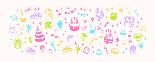 Colorful cute line doodle kids birthday background. Children celebration treats, cake with candles, donut, tea, cappuccino, candy cane. Fun confetti, bling, sparks, firework, star, twinkle scribbles