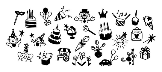 Cute line kids happy birthday doodle background. Outline hand drawn sketch icons and elements set. Party hat, balloons, celebration cake with candles, surprise gift box. Baby childish crayon scribbles