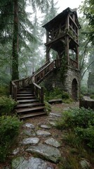 Naklejka premium Wooden tower nestled in a misty forest, stone path leads up winding stairs