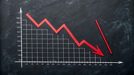 High-quality stock photo of red line graph on black grid background with downward arrow, depicting serious economic decline. Dark, textured background emphasizes financial downturn.