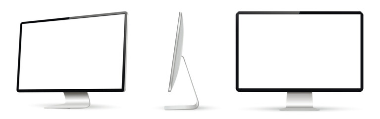 Realistic computer screen mockup. Computer display on three sides with blank screen.