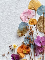 Fototapeta premium Floral Elegance: Delicate petals and dried botanicals showcase a harmonious dance of colors and textures. This photograph beautifully captures the artistry of nature. 