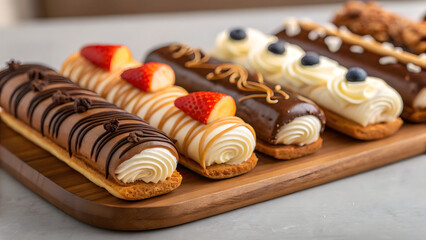 Assortment of cream pastries on wooden board