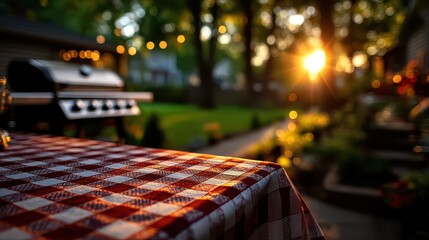 Checkered picnic tablecloth with blurred summer barbecue background