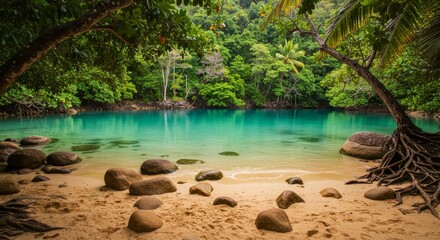 A tropical beach scene with turquoise water, tan sand, rocks, lush green foliage, and trees framing the scene.