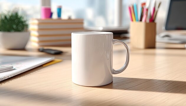 Minimalist Home Office Setup Featuring a Clean White Mug, Notepad, Pencils, and Books on Desk