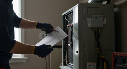A service technician, wearing gloves, inspects an HVAC system while referencing a document. Neutral colors dominate.