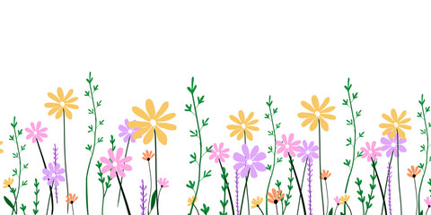 This vibrant wildflower illustration features yellow, pink, orange and purple flowers and green stems and leaves. Perfect for spring designs, greeting cards, invitations, wall art and digital artwork. © kanlaya