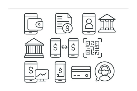 Digital Banking Icons. Outline icon set of digital banking tools: mobile wallet, e-statement, app login, bank