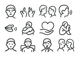 Listening and Caring Icons. Outline icon set of listening and caring: thoughtful expression, open palms, eye