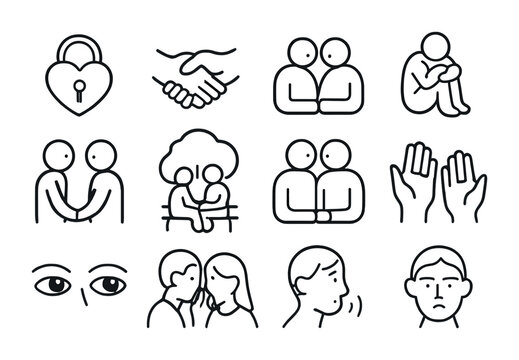 Emotional Intimacy Icons. Outline icon set of emotional intimacy: heart lock, shared trust, closeness icon,