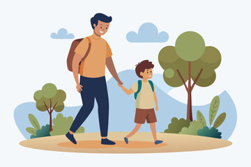 A father and son walking together in a park, enjoying a day out together