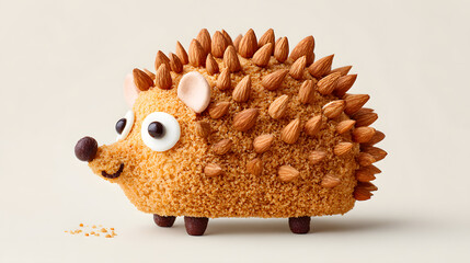 Cute hedgehog made from spiced pumpkin purée, almond sliver spikes, chocolate chip eyes, white background
