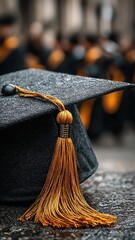 Graduate wearing traditional black mortarboard with yellow tassel on a blurred background