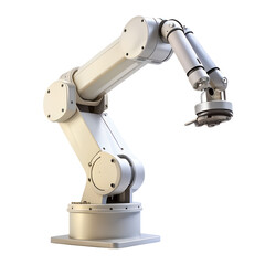 White industrial robotic arm for automated manufacturing isolated on transparent background