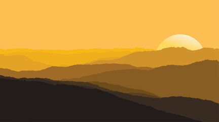 Minimalist vector illustration of a serene golden sunset over layered mountain silhouettes, with warm orange and yellow hues creating a peaceful scenic view.