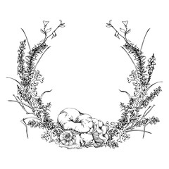 Fototapeta premium Russula webcap mushroom with snail, heather flowers, horsetail plant, berry branches twigs pine needles, moss lichen growth. Forest woodland natural habitat wreath frame hand drawn in vector ink.