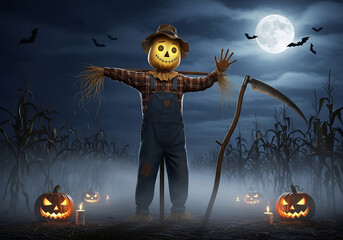 Halloween scarecrow with jack-o'-lanterns and bats under full moon
