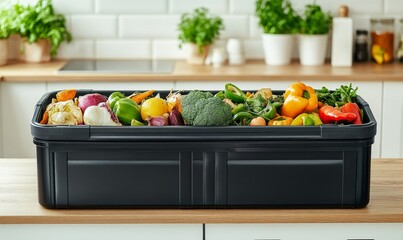 Home composting bin filled with a variety of kitchen scraps, such as fruit peels and vegetable trimmings, symbolizing sustainable waste management practices that promote recycling, Generative AI