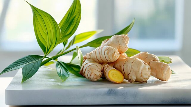 Fresh ginger root on marble surface with green leaf background in sunlight