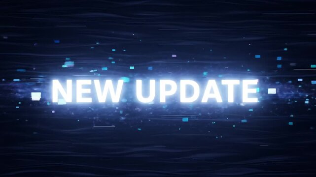Bright glowing text announces a new update with digital particle effects against a dark abstract background perfect for technology or software announcements.