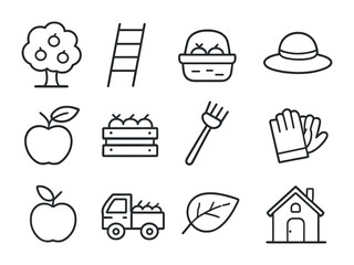 Apple Harvest Outline Icons. Outline icon set of picking apples: orchard tree, ladder, apple basket, sun hat,