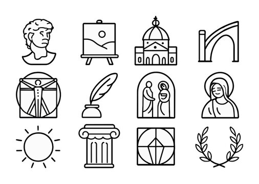 Renaissance Art Icon Set. Outline icon set of Renaissance art: marble bust, oil canvas, domed church, flying