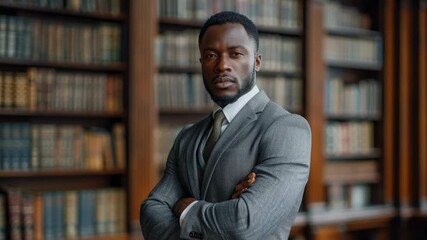 Professional man in a suit stands confidently in a spacious library filled with books, showcasing an aura of sophistication and knowledge in a quiet environment