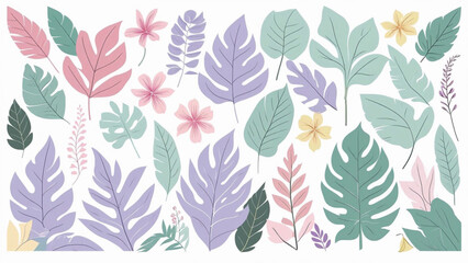 Flat botanical illustration of tropical leaves and flowers, vector-style outlines, pastel tones, evenly spaced composition, transparent background, high detail_ Ai Generate