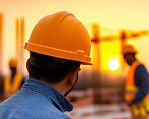 Silhouette of Engineer and Construction Team Working at Site Over Blurred Sunset Pastel Industry Background Light Fair