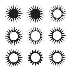 Collection of diverse black and white sunburst and sun icons for decorative design elements