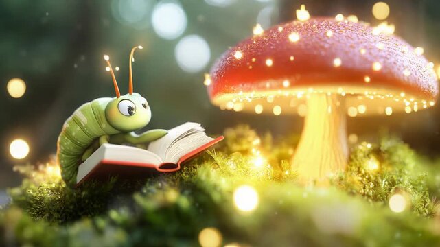 Curious caterpillar reading by glowing mushroom in enchanted forest