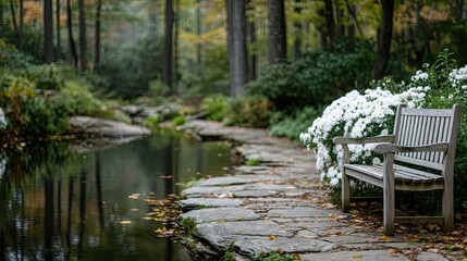 Fototapeta premium Serene Autumn Garden Scene: White Bench by a Reflective Pond