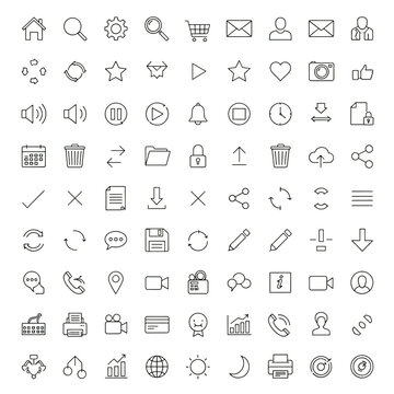 Collection of thin line icons representing various business and technology concepts on a black background