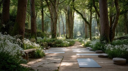 Obraz premium Serene Forest Yoga Sanctuary: Sunlit Path, White Flowers, and Yoga Mats