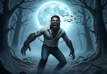 Werewolf transformation under full moon in spooky forest