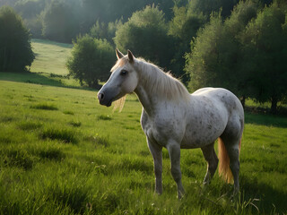 Obraz premium horse in the field with sunset