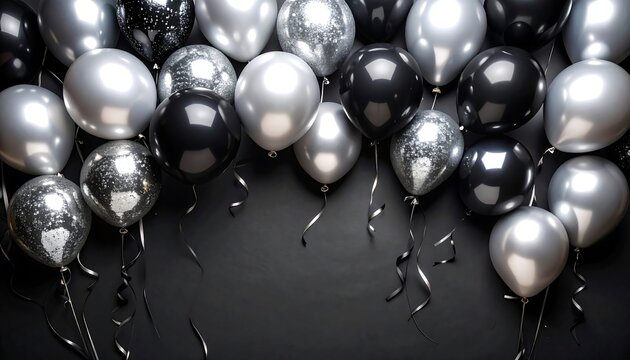 Elegant silver and black balloons create a glamorous event or celebration backdrop